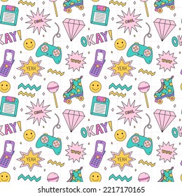 Bright seamless pattern with items from the nineties - floppy disk, quad roller skates, retro flip phone, joystick gamepad, diamonds, lollipop, stars on checkered background. Nostalgia for the 1990s.