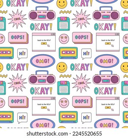 Bright seamless pattern with items from the nineties - retro cassette tape and music boombox, floppy disk, smile, speech bubbles and stars on white background. Nostalgia for the 1990s. Funny print.