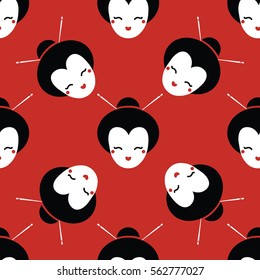 Bright seamless pattern with japanese dolls - kokeshi that bring good luck and prosperity. Vector illustration cartoon style.