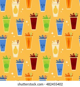  Bright seamless pattern juices in glasses: beet, apples, blueberries, carrots, pineapple.
Illustration in a flat chalky style.
