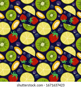 brillante patrón sin fisuras con jugosa fruta en estilo de caricatura. Decoración para el diseño de tejidos y embalajes.