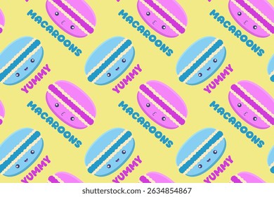 Bright seamless pattern with kawaii pink and blue macarons, playful texts “YUMMY” and “MACAROONS” on a yellow background. Perfect for food-themed designs, packaging, and kids’ prints.

