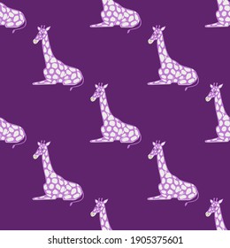 Bright seamless pattern in kids style with doodle giraffe ornament. Purple background. Cartoon style. Vector illustration for seasonal textile prints, fabric, banners, backdrops and wallpapers.