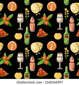 Bright seamless pattern for kitchen design, for the menu of restaurants, cafes and canteens. Fresh food. Harvest. Sauces, mayonnaise, mustard.