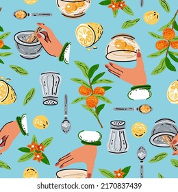 Luminoso patrón ininterrumpido para el diseño de la cocina, para el menú de restaurantes, cafés y cantinas. La comida fresca. Cosecha. Salsas, mayonesa, mostaza.