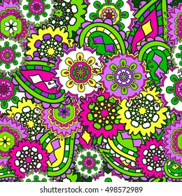 Bright seamless  pattern with   leaves and  flowers. Multicolor texture, detailed Doodles
