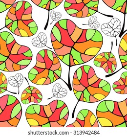 Bright seamless pattern with leaves. Multicolored background.