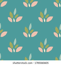 Patrón luminoso sin fisuras con hojas adornadas en colores rosa, verde y azul. Fondo turquesa. Diseñado para textiles, tela, papel de envolvimiento, papel pintado. Ilustración vectorial.