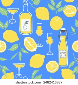 Bright seamless pattern with lemons and limoncello