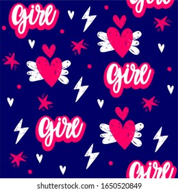 bright seamless pattern, lettering, illustrations, hearts, stars, spots