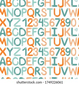 Bright seamless pattern with letters and numbers. English multicolored alphabet. Cool print for kids room, school, wallpaper, fabric, background. vector illustration