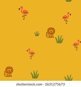 Bright seamless pattern with lion, flamingos, and grass. Naive African cartoon in warm tones, ideal for Earth Day projects and children’s products.
