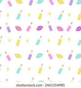 Patrón brillante sin costuras de impresión labial y lápiz labial. Ilustración vectorial