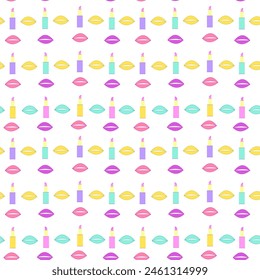 Patrón brillante sin costuras de impresión labial y lápiz labial. Ilustración vectorial