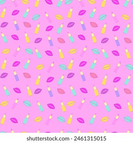 Bright seamless pattern of lip print and lipstick. Vector illustration
