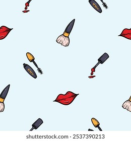 Bright seamless pattern with lips, nail polish, mascara and cosmetic brush. Vector background for a beauty salon, advertising the services of a hairdresser, cosmetologist. Set of symbols and icons