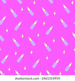 Patrón brillante sin costuras de lápiz labial sobre un fondo rosa. Ilustración vectorial