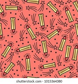 Bright seamless pattern with lipstick and stars. Vector background.