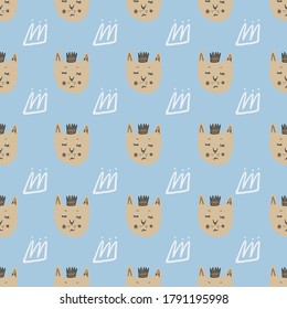 Bright seamless pattern with little cat faces and white outline crowns. Print with blue background. Creative design. For wallpaper, wrapping paper, textile print, fabric. Vector illustration.