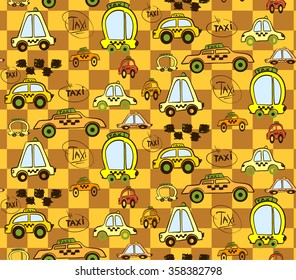 Bright seamless pattern with little fun cars and taxi in warm yellow colors.