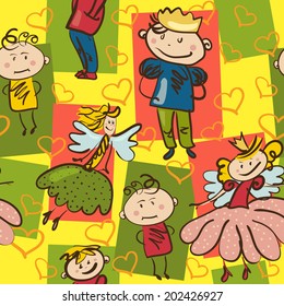 bright seamless pattern with little prince, cute fairy and funny boys