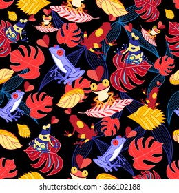 bright seamless pattern with lovers of frogs and leaves on a black background