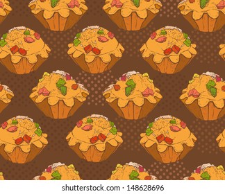 bright seamless pattern made with cupcakes on the brown background