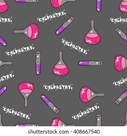 Bright seamless pattern made from hand drawn colored test-tubes and white text Chemistry on gray background. Vector illustration.