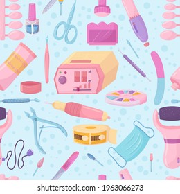 Bright seamless pattern. Manicure and pedicure. nail polish. Cartoon style manicure tools. Vector illustration isolated on white background.