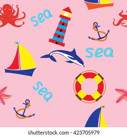 Bright seamless pattern with marine elements, Doodle style.