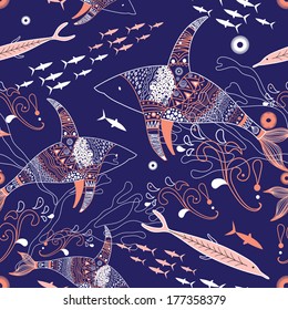Bright seamless pattern with marine fish and sharks on a blue background  