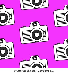 Bright seamless pattern minimalistic black and white camera on a pink background. Doodle retro film camera, wrapping paper, background.