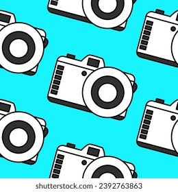 Bright seamless pattern minimalistic black and white camera on a turquoise background. Doodle retro film camera, wrapping paper, background.