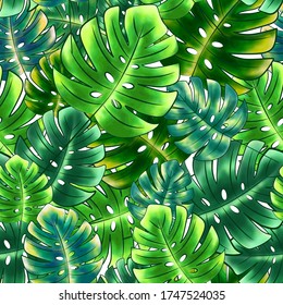 Bright seamless pattern from monstera, leaves from various shades of green, white background. Great for decorating fabrics, textiles, gift wrapping, printed matter, interiors, advertising.