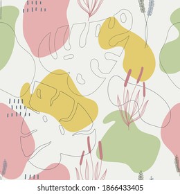 Bright seamless pattern with monstera leaves drawn with lines and spots of pink, green and yellow. Vector illustration. Great for the design of bedding, pillows, wrapping paper, covers.