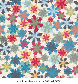 Bright seamless pattern with multicolored abstract geometrical flowers on light gray background.