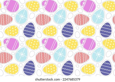 Bright seamless pattern of multicolored Easter eggs. Background for banners, textiles, paper. Suitable for children's clothing, wallpaper, wrappers. Festive decoration, Easter. Vector illustration