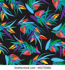 Bright seamless pattern with multicolored geometrical sprigs placed on dark background. Exotic, psychedelic motifs.