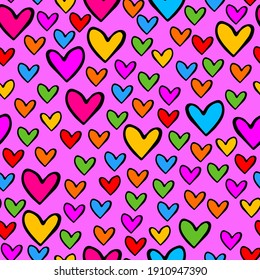 Bright seamless pattern. Multicolored hearts on a pink background. Love, romantic icons. Valentines day. Pattern for wrapping paper, print, textile, design, cards.