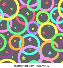 Bright seamless pattern with multicolored, overlapping rings on grey background