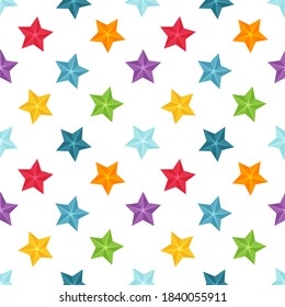 Bright seamless pattern with multi-colored stars on a white background. Great for wrapping paper, gift boxes, fabric. Flat-style objects are isolated and hidden under a mask. Vector illustration