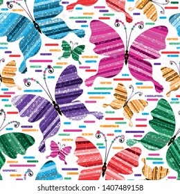 Helles, nahtloses Muster mit mehrfarbigen gestreiften Schmetterlingen auf transparentem Polka-Punkt-Hintergrund. Vektorbild. EPS10
