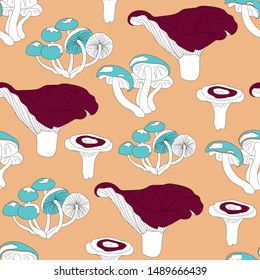 Bright seamless pattern with mushrooms on an orange background. Endless pattern for decoration and design. Vector illustration