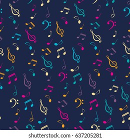 Bright seamless pattern with musical notes and clefs, vector musical abstract background