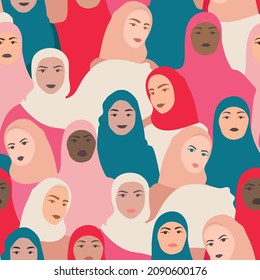 Bright seamless pattern with muslim women. International women's day, hijab day,  graphic in vector in blue, red and pink colors.	