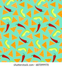 Bright seamless pattern with nachos, avocado and chili pepper on blue background. Nice mexican fast food texture for textile, wallpaper, background, cover, banner, bar and cafe menu design.