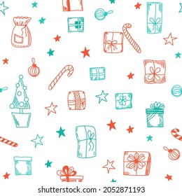 Bright seamless pattern with New Year's gifts and toys and holiday decor. Vector illustration isolated on white background.