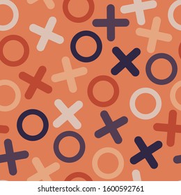 Bright seamless pattern. Noughts and crosses randomly sketched on the orange background. Shapes do not intersect.