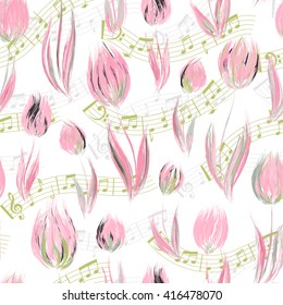 Bright seamless pattern with oil painted delicate pink tulip flowers end notes, design elements. Floral pattern for wedding invitations, greeting cards, scrapbooking, print, gift wrap, manufacturing