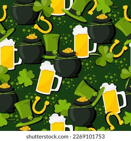 Bright seamless pattern on a green background with beer, Irish hat, clover and gold coins. Vector illustration.